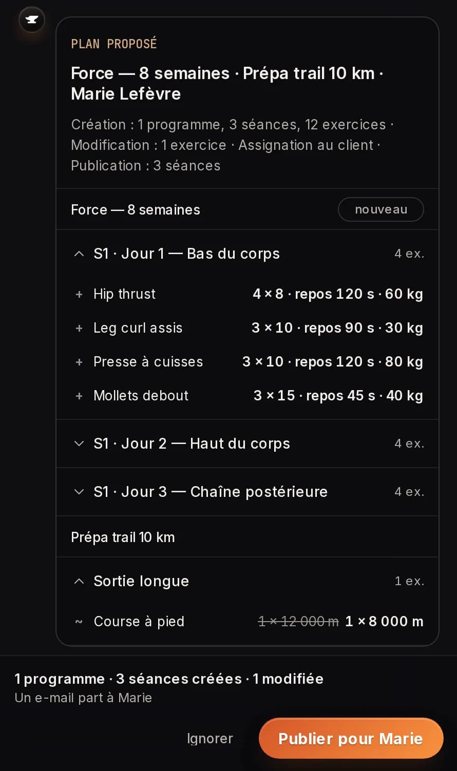 Le plan proposé pour Marie : séances détaillées, ancienne valeur barrée, un e-mail part à Marie, Publier pour Marie