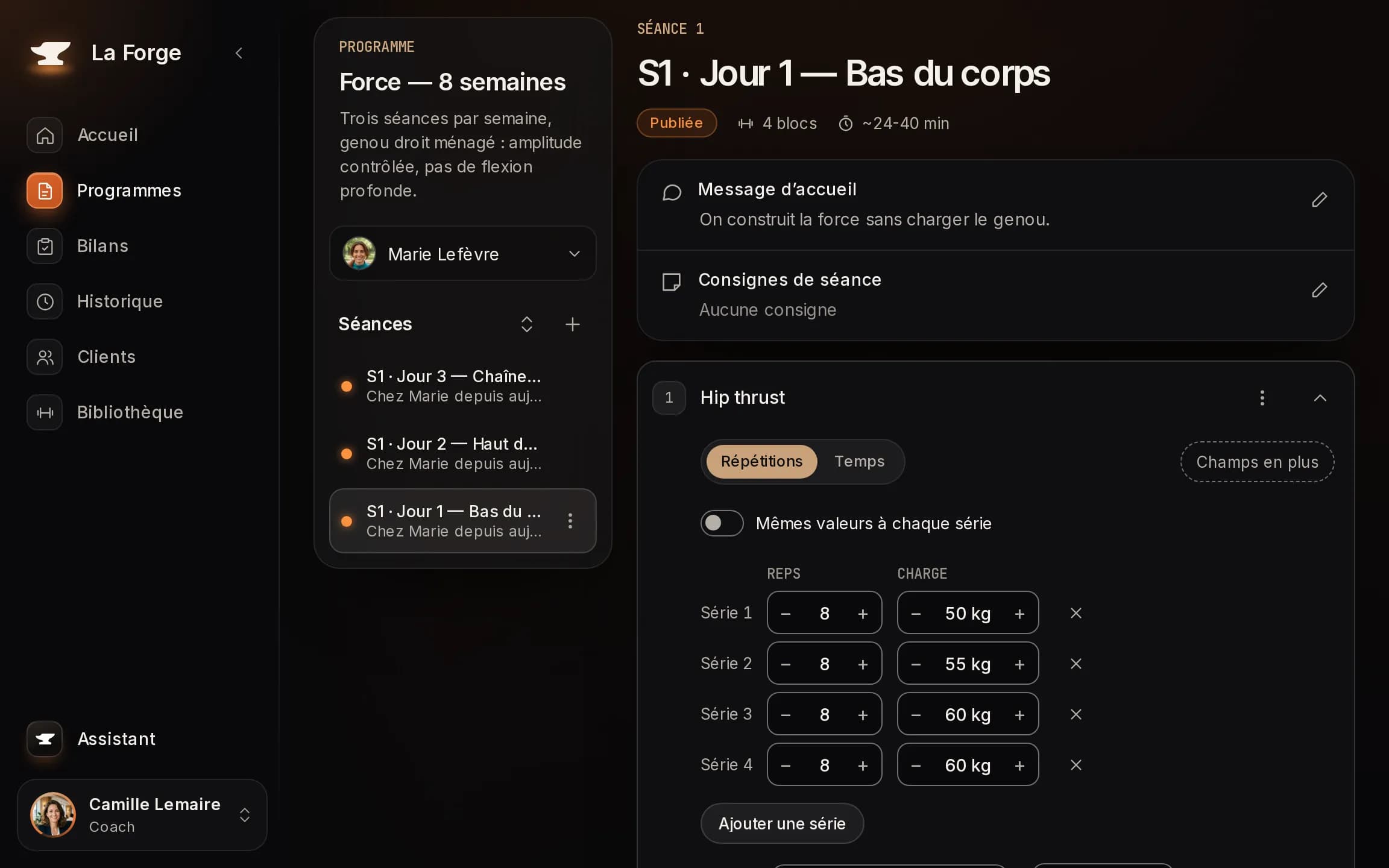 Le programme de Marie : S1 · Jour 1, hip thrust, 4 × 8 de 50 à 60 kg
