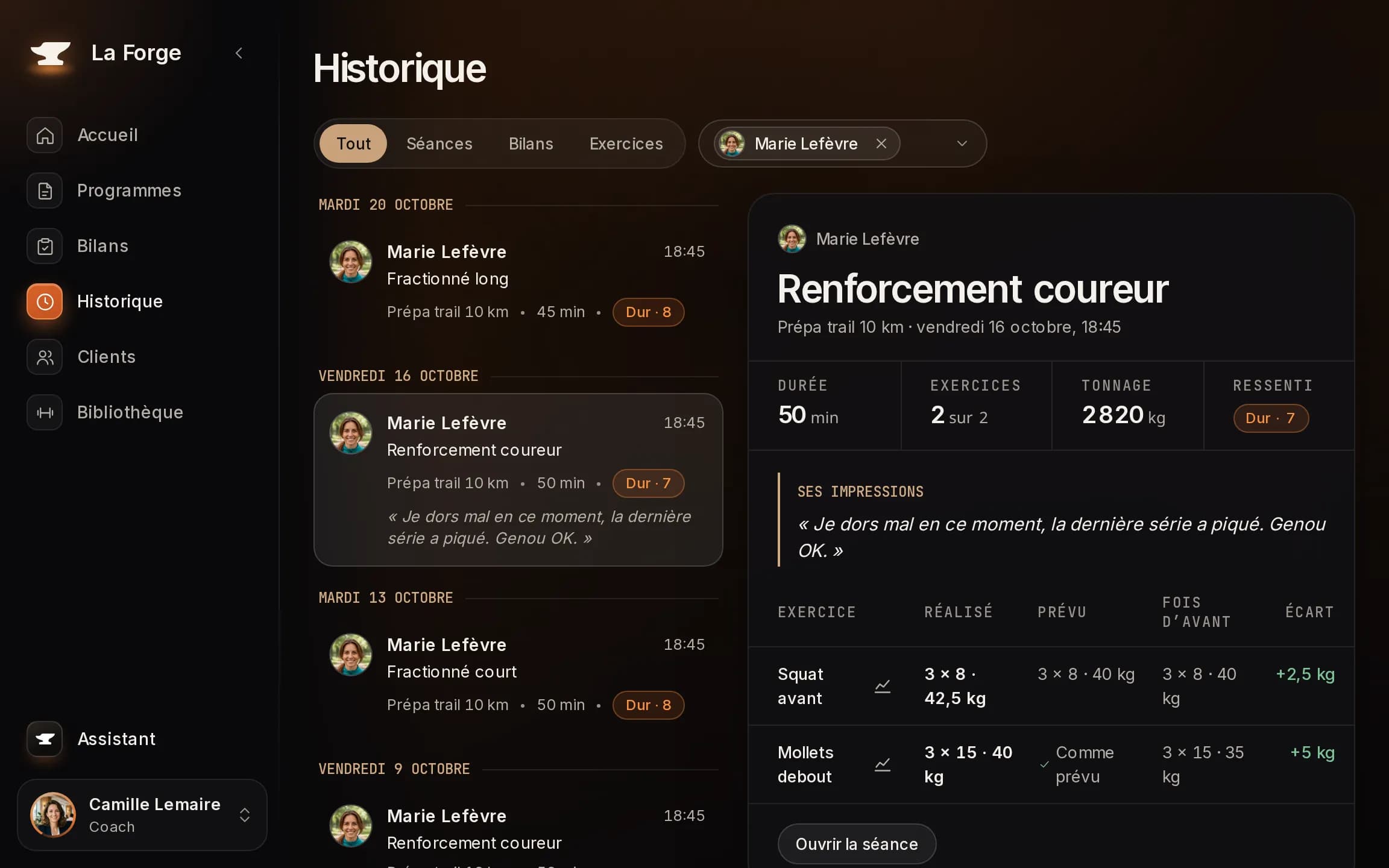 Le suivi de Marie : séance réalisée en 50 min, « Je dors mal en ce moment », charges comparées à la fois d’avant