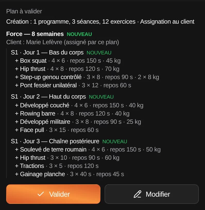 Le plan à valider : deux séances détaillées, Valider · Modifier